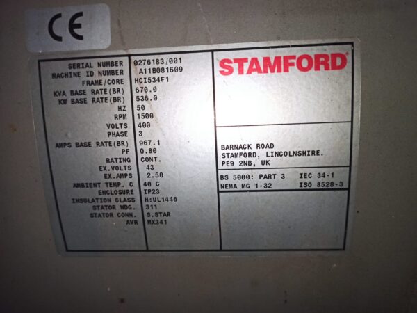 ALTERNATOR STAMFORD 670kVA / 536 kW / 50Hz / 1500 RPM / 3 x 400 V