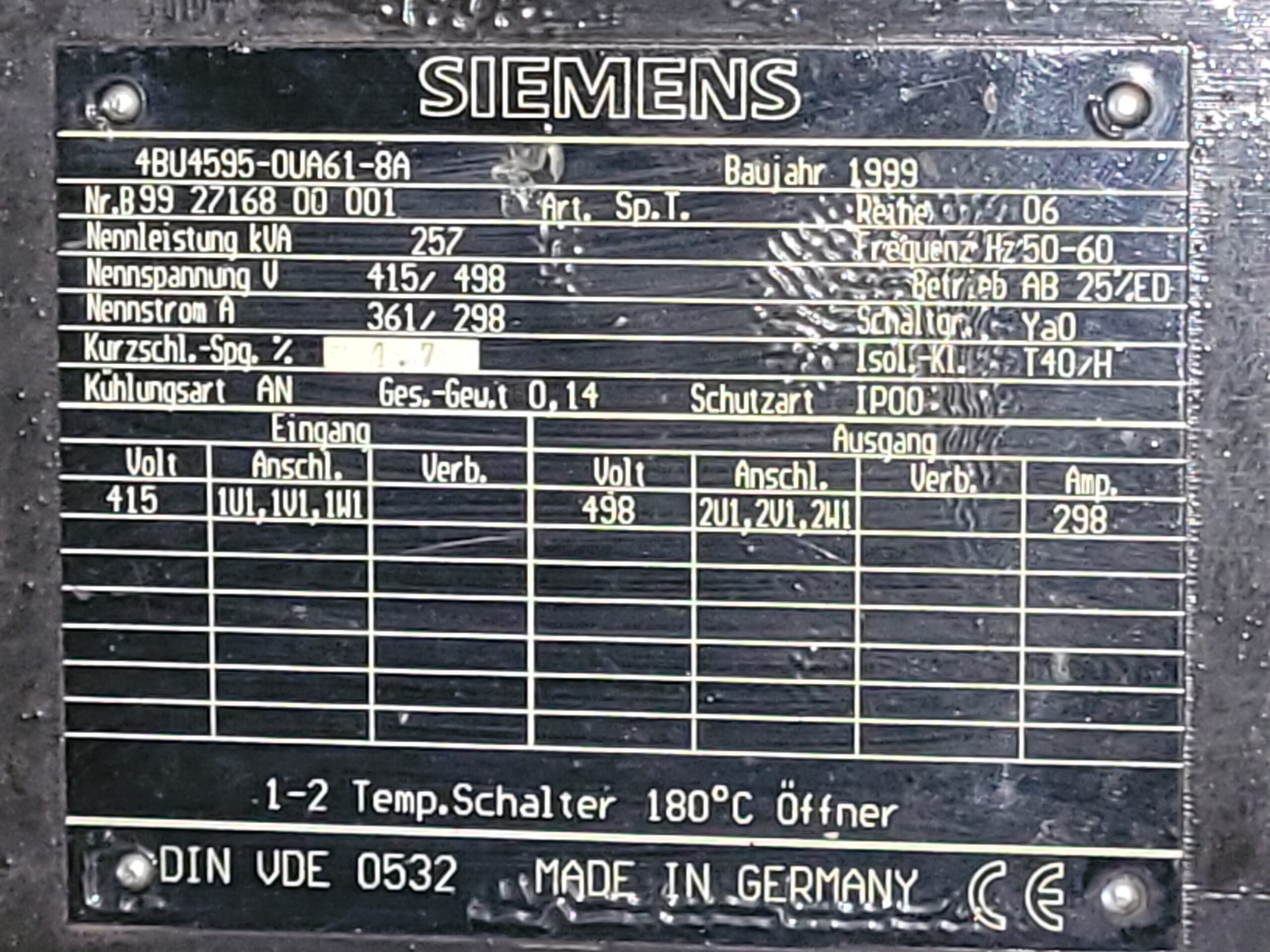 Siemens Autotransformer 4BU4595-0UA61-8A – 257 kVA, 415/498 V, 50–60 Hz - Image 2